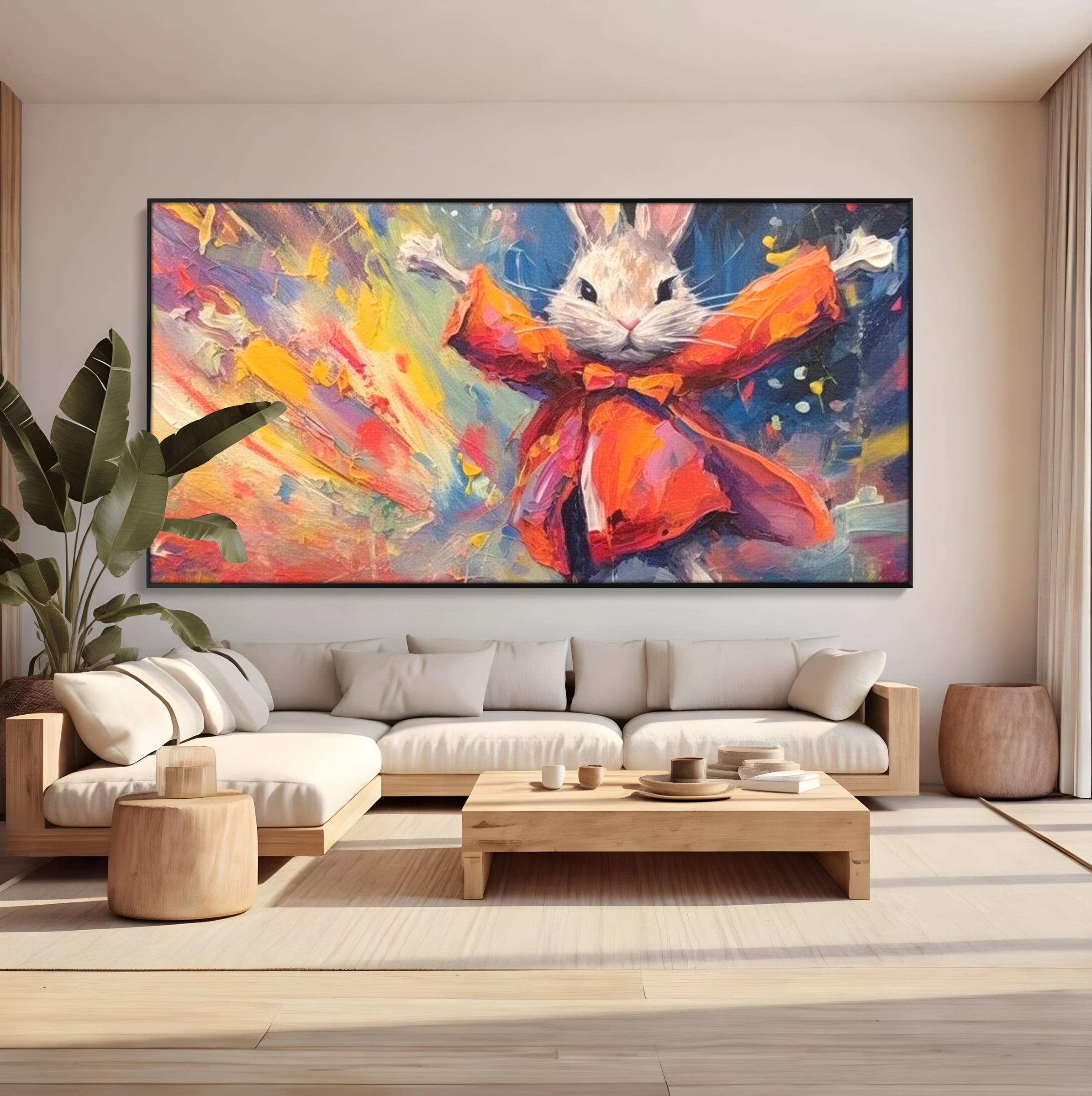 Tablou canvas cu tablou canvas cu iepuras magician colorat, in rama de aluminiu negru, pe perete intr-un living